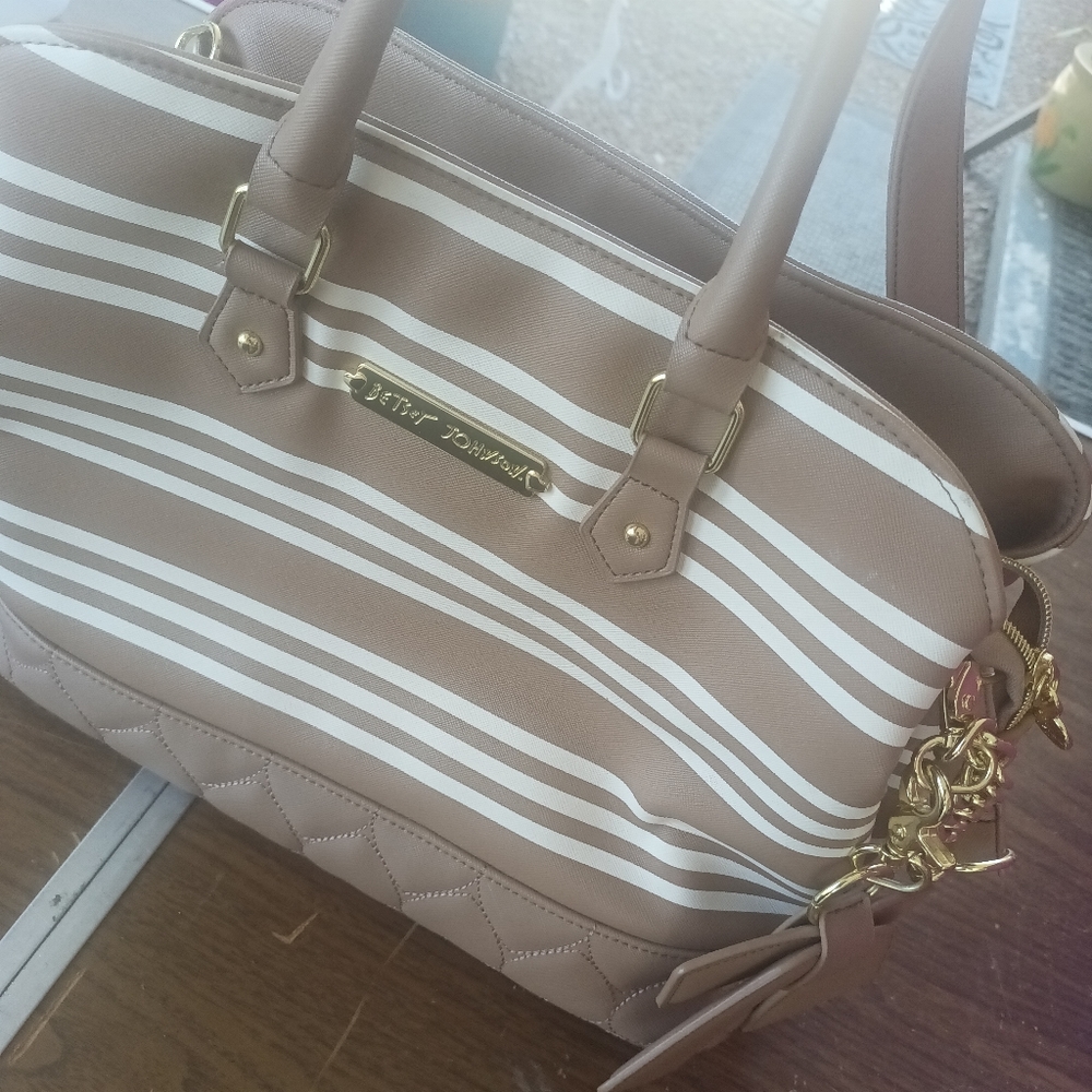 Betsy Johnson tan and white stripe purse